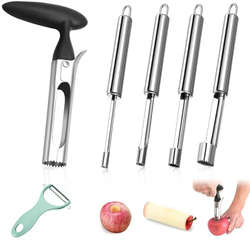 5 Stück Premium Apfelentkerner Set, Edelstahl-Apfelentkerner, inkl. 1 Edelstahl Gemüseschäler, 5 verschiedene Modelle mit Aufhängeöse, geeignet für Obstkerne von Äpfeln, Birnen, Weißdorn, roten Dattel