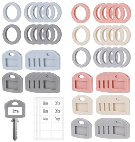 50pcs Rubber Key Identifiers Covers Set, Round & Square Silicone Color House Key Caps Toppers Sleeve Protectors with Marker Label Tags for Easy Identification and Organization (5 Colors)
