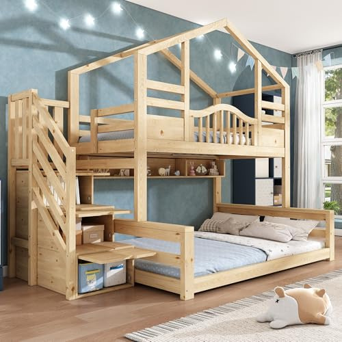 Kinderbett Etagenbett 90x200&140x200, Hochbett Hausbett mit Treppenschrank&Regalen, Stockbett Doppelbett Holzbett Jugendbett mit Lattenroste&Rausfallschutz, Kiefer Massivholz, Ohne Matratze, Natur
