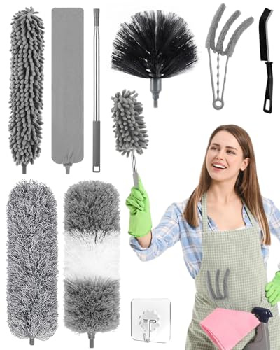 Teleskop Staubwedel Waschbar Set, 10 Teilig Mikrofaser-Staubwedel Waschbarer Mikrofaser Staubwedel mit Langen Ausziehbaren Staubwedeln, Staubmagnet von Ventilatoren Lücken Decken Jalousien Spinnweben