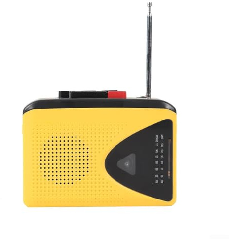 HEIBTENY Grabadora de cinta estéreo con FM/AM, reproductor de casete portátil compatible con grabación, altavoz de 45 mm para sonido de alta fidelidad, USB o batería, diseño amarillo compacto