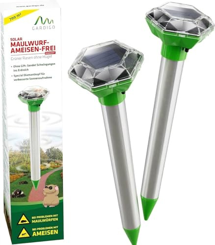 GARDIGO Maulwurfschreck Solar 2er Set 700m² | Maulwurfabwehr, Wühlmausschreck, gegen Maulwürfe, Wühlmäuse & Ameisen, Ultraschall Vertreiber, Garten bis 700 m², Wetterfest