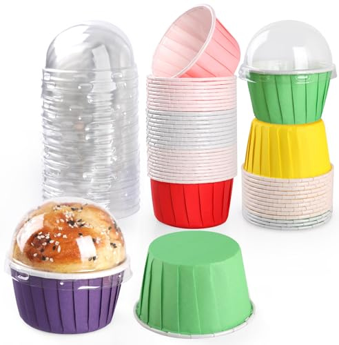 Bigqin 50 Piezas Moldes Magdalenas con Tapa, 5.5OZ Moldes Magdalenas Papel para Boda Cumpleaños Picnic Fiesta, Cajas para Tartas Pasteles Postres, Resisten Hasta 220℃ (Rojo/Rosa/Verde/Amarillo/Morado)
