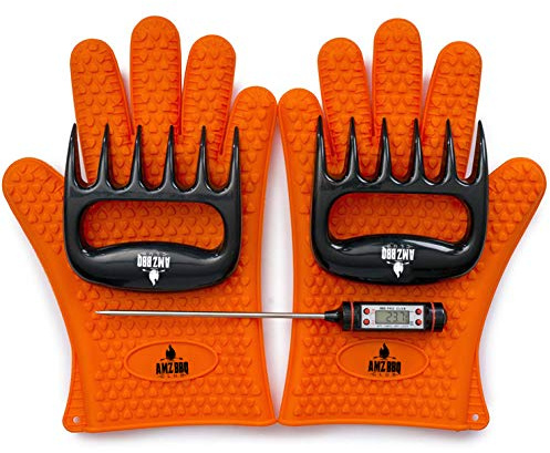 AMZ BBQ CLUB - Meat Claws Bbq Grill Accessories Set - 2 Silicone Gloves, Claws For Pulled Pork, BBQ Thermometer - Perfect Smoker Accessories Grilling Tools Gift Set For (Orange Glove-Thermometer-Claw)