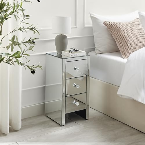 Furniturebox UK Murano Contemporary Mirrored Bedside Table Bed Side Table Bedroom Cabinet Modern Slimline Small Compact 3 Drawer Reflective Stylish Bedroom Nightstand Furniture