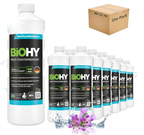 BiOHY Professional Window Cleaner (12 x 1l Bottle) | Glass cleaner concentrate, ideal for all WINDOW VACUUM CLEANERS| streak-free cleaning of glass & window (Profi Fensterreiniger)