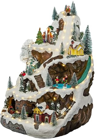 Alpine Corporation 18 Tall Indoor Animated Winter Wonderland Set with 75 LED Lights, Music, Moving Train, Tabletop Christmas Decoration