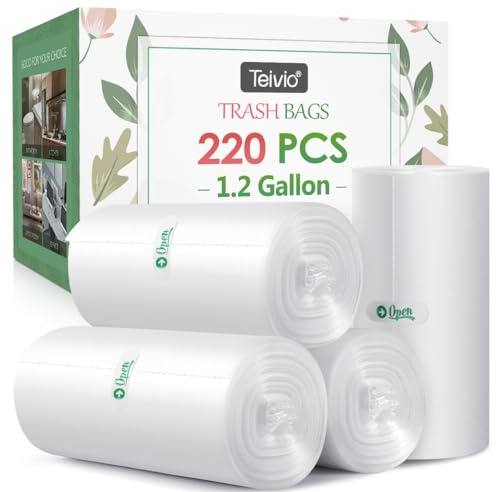 Teivio 5 Liter Small Pedal Bin Bags, 220 Count Mini Bin Liners Thick Plastic Waste Bags for Bathroom, Kitchen, Office, Fit 3-5L Rubbish Bin, Clear | Fit 4-5 Liters,1,1.3,1.5Gal,Tiny Plastic Waste Basket Bins Desktop Can Liners for Kitchen Bathroom Office Car dog poop bags