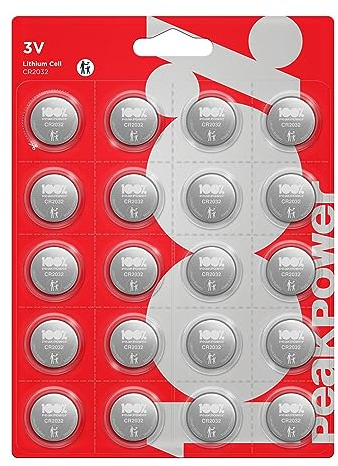 Piles CR2032 - Lot de 20 | 100% PeakPower | Bouton Lithium CR 2032 3V- Haute Performance pour dispositifs Portables et médicaux, Porte-clés et balances