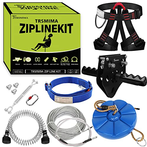 Trsmima Zipline kit för bakgårdar – 45 m dragkedja för barn och vuxna – bakgårdsbarn zipline kit med säkerhetssele och rostfritt stål – fjäderbromsvagn och säte