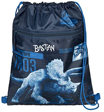 minimutz Turnbeutel mit Namen | personalisiert & bedruckt | Motiv Dinosaurier T-Rex in blau & grau | Dino Schuhbeutel für Jungen Sportbeutel Umhängetasche | inkl. NAMENSDRUCK