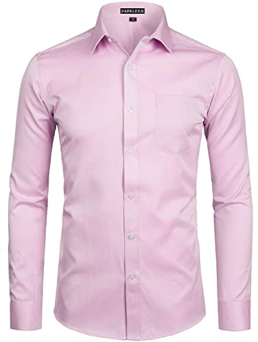 PARKLEES Chemise à manches longues pour homme en sergé solide coupe classique avec poche, rose, L