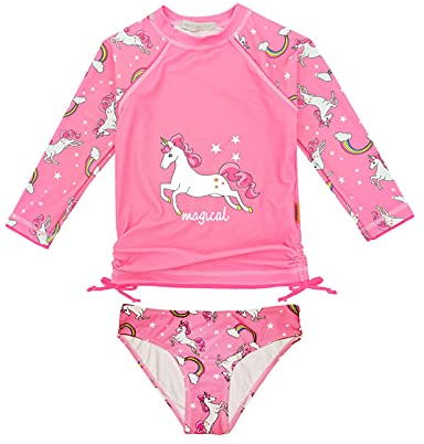 weVSwe Traje De Baño para Niñas - Conjunto De Protector De Erupción De 2 Piezas Traje De Baño De Manga Larga para Niños Pequeños SPF 50+ Protección Solar Nudo Arcoíris Unicornio Rosa 7-8 Años