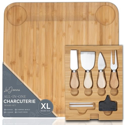 LaDonna Bamboo Charcuterie Board with Drawer & Cheese Knife Set - Serving Tray for Parties, Light Brown