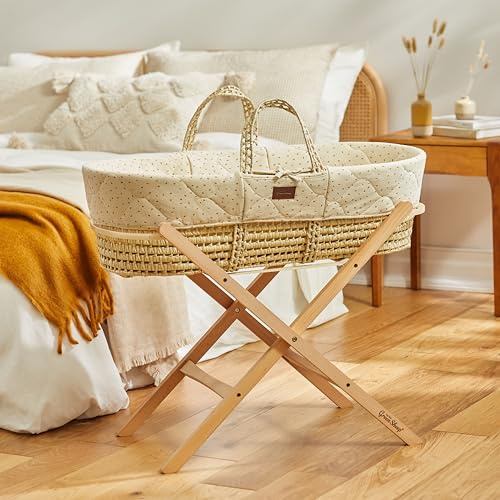 The Little Green Sheep Natural Quilted Moses Basket, Mattress & Stand - Palm Wicker Moses Basket with Stand and Mattress Included - Machine Washable Bedding - From Birth to 6 Months - Linen Rice