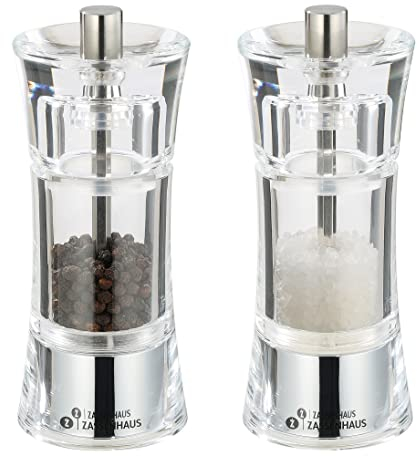Zassenhaus Lot de moulins à poivre et à sel AACHEN, à remplir soi-même, Ø 5,8 cm, hauteur : 14 cm, récipient acrylique, broyeur en céramique, moulin à épices, également pour autres épices