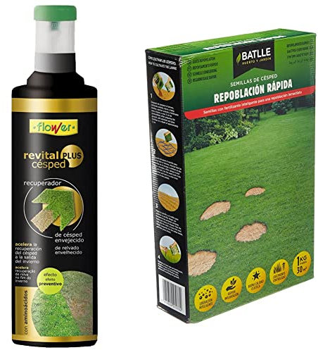 Flower 10527 - Césped líquido, formula recuperadora 1 l + Césped Repoblación Rápida - 1kg
