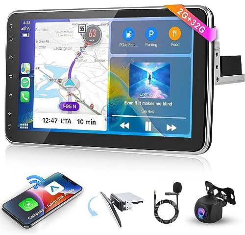 2G+64G Wireless Carplay Android Autoradio 1 Din mit Android Auto GPS Navi WiFi Mirror Link 10 Zoll Drehbarer Touchscreen Autoradio mit Bluetooth FM/RDS/DAB/OBD/DVR/HIFI Lenkradsteuerung Rückfahrkamera