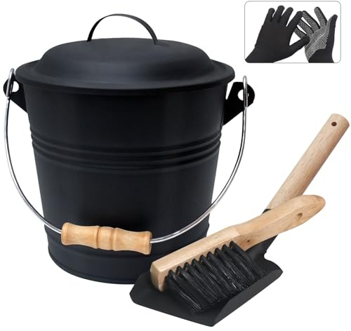 BRIAN & DANY Seau a Cendre avec Couvercle, Seau à Pellets pour Cheminees Circulaire, Seau de 5L avec Pelle et Brosse, Ensemble d'Outils pour Cheminee, Foyer, Poele a Bois