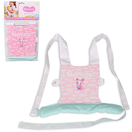 NENUCO, Portabebés, Portador/Mochila de Tela Rosa y Verde para Llevar de Paseo a tu muñeco bebé, con Asas Ajustables, para niños y niñas Desde 2 años de Edad, Desarrollo afectivo, Famosa (NFN37000)