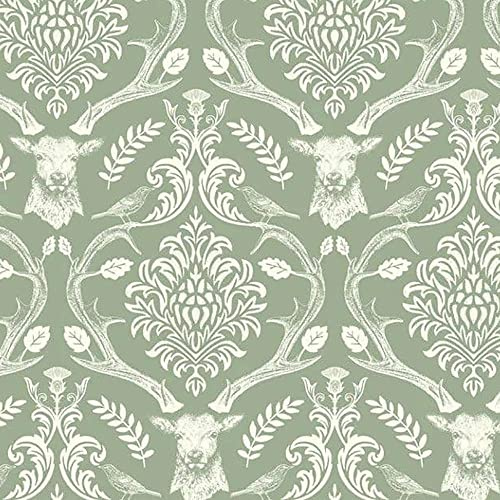 Stag Damask Sage Green Wallpaper - Floral Flowers Birds Trees Leaves Modern Contemporary Feature Wall