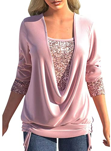 Tunika Damen Elegant Pailletten Oberteil Festliche Bluse 3/4 Arm Tunika Lässig Rundhals Glitzer Oberteile Langarmshirt