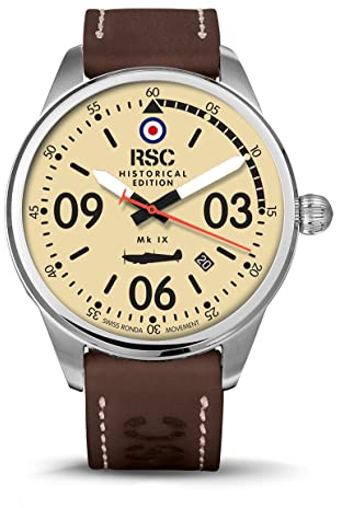 RSC Pilot's Relojes Hombre 47mm Reloj de aviador Analógico Swiss Cuarzo Spitfire (Dark Brown), marrón oscuro, Militar