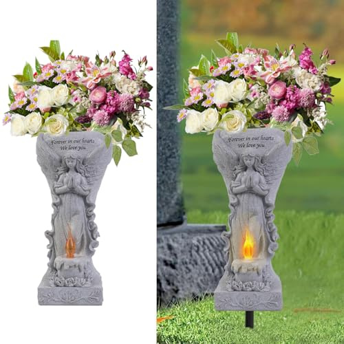 Cemetery Commemorative Gift - Garden Angel Statue with Solar Lights and Vases, Prayer Angel Vase, Commemorative Stone, Tomb Cemetery Decoration