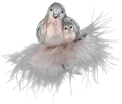 Christbaumschmuck Vögel mit Federn auf Clip 5,5cm mundgeblasenes Glas handbemalt - Glasfigur Dekovögel auf Klammer Rosa/Grau - Weihnachtskugeln - Vogel Deko & Weihnachtsbaumschmuck