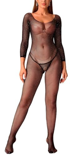 Bommi Fairy Sexy Bodystocking a Rete Fishnet con Strass a Manica Lunga Intimo Allacciato Calzamaglia Senza Cuciture Biancheria Intima Taglia Unica, Nero , XS-XXL