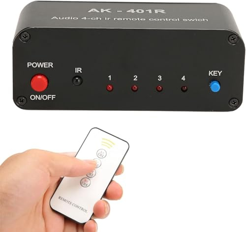 DEWIN Audio Switcher RCA, Multifunctional Stereo Audio Switch Box with Remote Control Support 1 In 4 Out or 4 In 1 Out, 4 Way Signal Selector Audio Splitter DC 12V