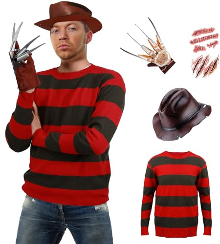 Yearsahrk Freddy Krueger Kostüm 4-teilig Albtraum Kostüm Gestreifter Pullover Handschuh Hut Narbenaufkleber Halloween Cosplay für Erwachsene