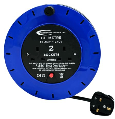 10m Cassette Cable Reel, Double Socket 13A Extension Lead with Thermal Cut Out Protection, Portable Power Reel for Home, Garden, DIY & Workshop Use