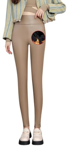 Minetom Leggins Donna A Vita Alta Elasticizzati Leggings in Pelle Stretch Skinny Ecopelle Sportivi Pantaloni in Pile Caldo Fitness Yoga Leggings D Cachi XL