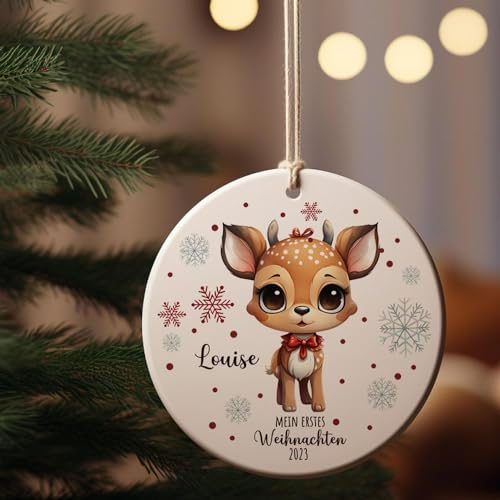 Weihnachtskugel Weihnachtsschmuck Keramik Baumanhänger Mein erstes Weihnachten personalisiert Namen Wunschname REH Halsschleife Tiere Baumkugel Geschenk wkp47 ilka parey wandtattoo-welt