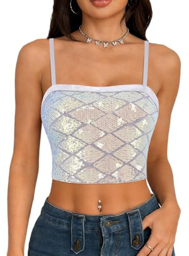 Segreto Damen Sexy Pailletten Tanktop Glitzer Meerjungfrauen Ärmellos Spaghettiträger Crop Top Seidig Satin Trägertop Party Cami