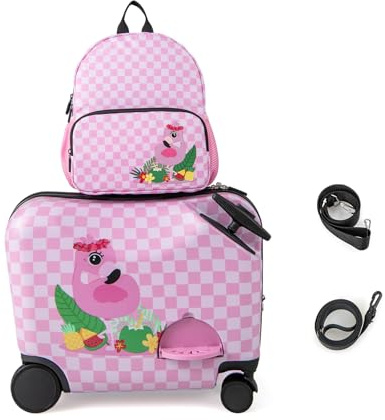 COSTWAY Valigia Cavalcabile per Bambini, 18 Valigia+ 12 Zaino,2 Pezzi, Trolley Bambini Bagaglio a Mano con Ruote Girevoli e Maniglia Retrattile, 2 Cingie Multiuso (Modello 7)