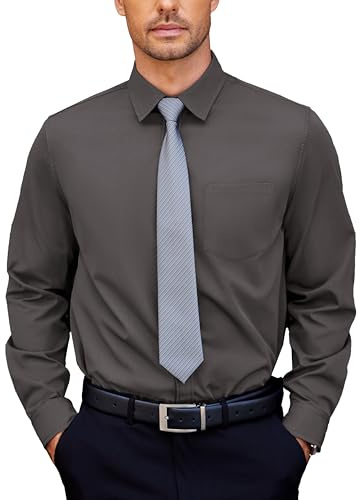 COOFANDY Camisas De Manga Larga para Hombre Camiseta De Vestir EláStica Camisa Informal De Negocios De Corte Regular Camiseta Formales con Bolsillo Gris Oscuro L