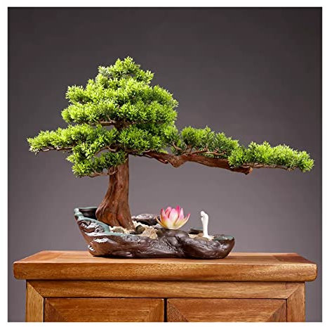Künstlicher Bonsai-Baum Künstliche Bonsai-Baum-Kunstpflanzen for den Innenbereich mit rosa Lotus-Skulptur-Dekoration, künstliche Zimmerpflanzen im Topf for Bücherregal, Raum-Zen-Dekor im Innenbereich
