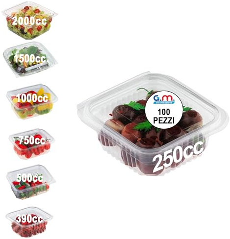 GM – 100 Vaschette Quadrate Trasparenti 250 cc con Coperchio Attaccato, Contenitori Ermetici in PET Idonei al Contatto Alimentare per Gastronomia, Asporto e Pranzo – 11×11×3h cm – Made in Italy