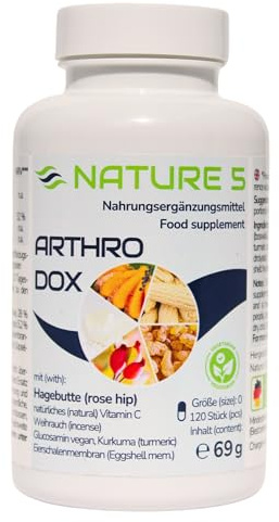 ARTHRODOX® von Nature 5-120 Kap. - Hagebutte, natürliches Vitamin C, Weihrauch, Glucosamin vegan, Eierschalenmembran & Kurkuma, in Deutschland hergestellt & geprüft