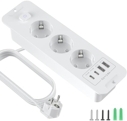 3 Fach Einbausteckdose, Tischsteckdose mit USB-A & USB-C, mit 2M Verlängerungskabe Und Schalter Einbau Steckdosenleiste, für Büro, zu Hause (Weiß)