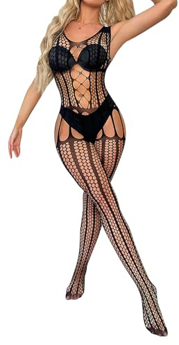 QKEPCY Lingerie Sexy Femme Coquine Hot Bodystocking Résille Combinaison Tenue Érotique Dentelle Nuisette Ensemble sous Vêtements Collant Ouvert Robe