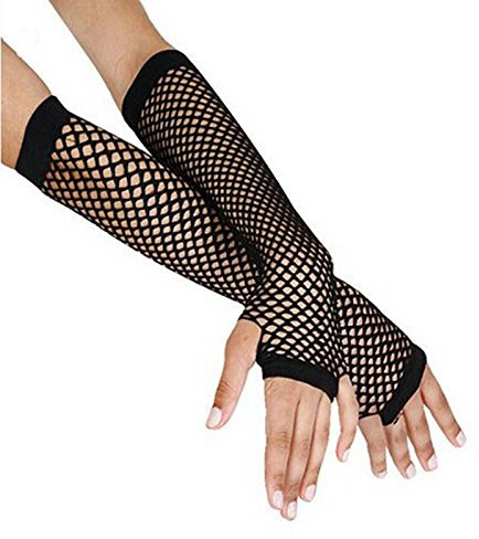 1 Paar Netzhandschuhe Lang Fingerlose Damen Schwarz Fischnetz Handschuhe Netz Armstulpen mit Spitze Fingerschlaufe Nylon Handschuhe für Damen Mädchen 80er 90er Jahre Party Disco (Black, One Size)