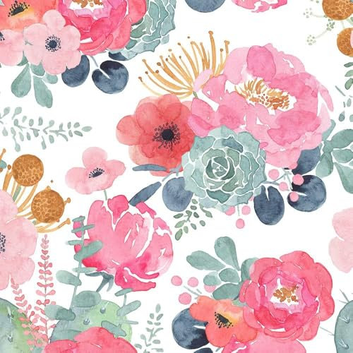 Papier Peint Fleur Rose et Blanc 44x500cm Adhésif Mural pour Meubles, Chambre, Salon et Salle de Bain - Motif Fleuri Vert