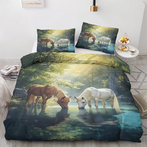 Générique Housse de Couette 160x200 Cheval - Decoration Cheval, Parure de Lit 1 Personne Imprimée Forêt, Linge de Lit en Microfibre Douce avec Fermeture éclair, 1 Taie d'oreiller 65x65 cm X*&51