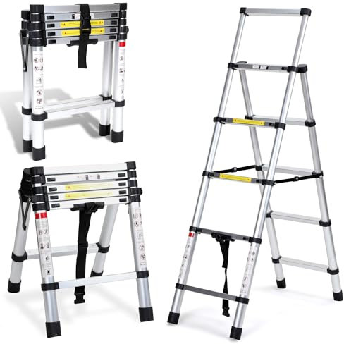 Cecaylie Scala telescopica pieghevole, scala in alluminio, 1,4 m + 1,7 m, telaio ad A, 4 + 5 pioli, scala in alluminio antiscivolo, portata massima 150 kg