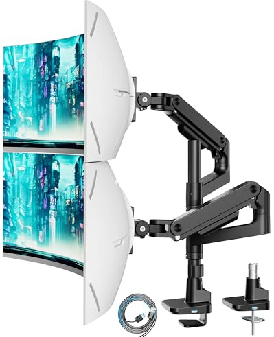 ARES WING Monitorhalterung 2 Monitore mit USB,17–49Zoll, 20kg/Arm, Schwarz | Dual Monitorarm übereinander mit Gasfeder, höhenverstellbar für Curved & Flach-Bildschirme, Kabelmanagement, VESA 75/100 mm