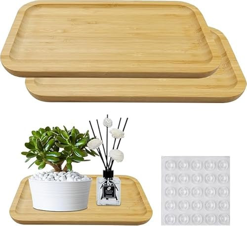 KiKiHong 2 Plateaux en Bambou,Reproductible Plateau Rectangle, 25 x 14 x1,5 cm,Décoration du Plateau avec Coussin Auto-adhésif Antidérapant pour sous-Verres,Thé,Café,Gâteaux