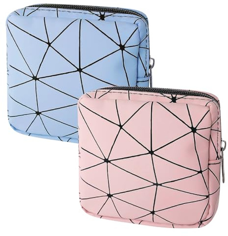 REEKNOKOL 2Pcs Sanitary Towel Holder, Period Bag Sanitary Napkin Storage Bag Sanitary Pouch with Zipper Portable Pantyliners Bag for Women Teen Girls Ladies (Blue+Pink)